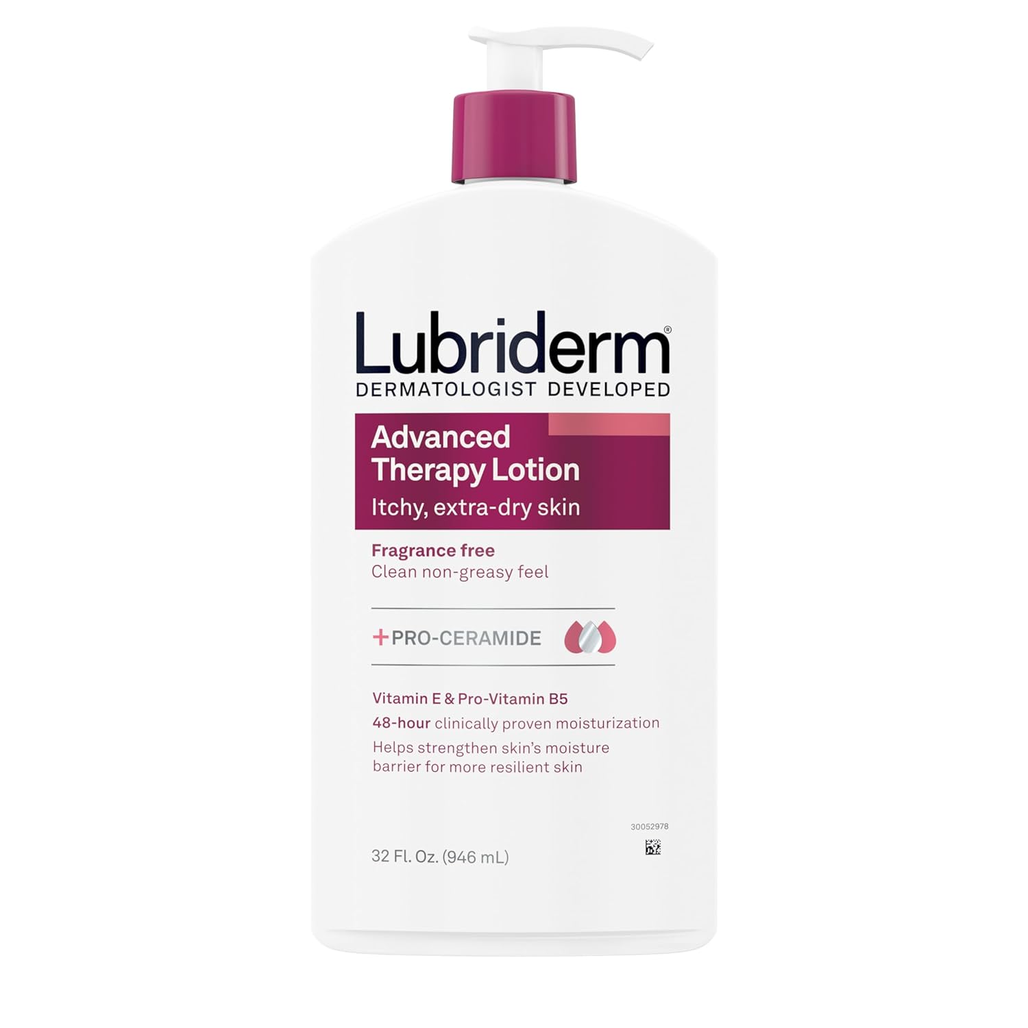 Lubriderm Advanced Therapy Fragrance Free Moisturizing Hand & Body Lotion + Pro-Ceramide with Vitamins E & Pro-Vitamin B5, Intense Hydration for Itchy, Extra Dry Skin, Non-Greasy, 32 fl. oz - 24hrsmart